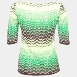 Pre Owned M Missoni Neon Green & Brown Patterned Pointelle Knit V-Neck Top M