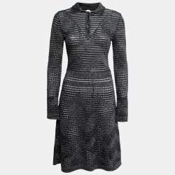 Pre Owned M Missoni Black Lurex Patterned Pointelle Knit Long Sleeve Dress M