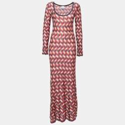 Pre Owned M Missoni Red Patterned Lurex Knit Long Sleeve Maxi Dress M