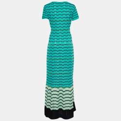 Pre Owned M Missoni Green Chevron Pattern Perforated Knit Maxi Dress L