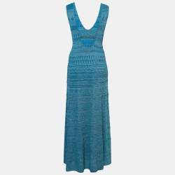 Pre Owned M Missoni Blue Patterned Lurex Knit Sleeveless Maxi Dress L