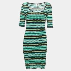 Pre Owned M Missoni Green/Multicolor Patterned Knit Midi Dress M