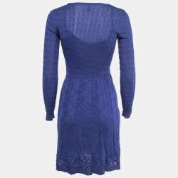 M Missoni Blue Patterned Knit Scoop Neck Flared Midi Dress S