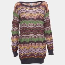 مملوكة مسبقًا M Missoni Multicolor Patterned Perforated Knit Crew Neck Sweater L