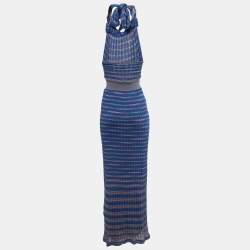 Pre Owned M Missoni Blue Knit Halter Neck Back open Maxi Dress S