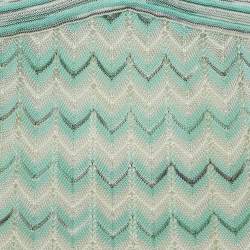 Pre Owned M Missoni Green Chevron Pattern Knit Tie-Up Neck Midi Dress L