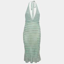 Pre Owned M Missoni Green Chevron Pattern Knit Tie-Up Neck Midi Dress L