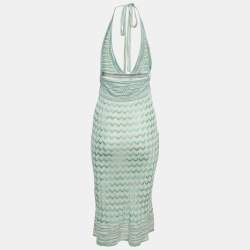 Pre Owned M Missoni Green Chevron Pattern Knit Tie-Up Neck Midi Dress L