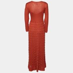 Pre Owned M Missoni Brick Red Textured Knit Long Sleeve Maxi Dress L