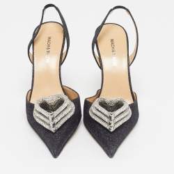 Pre Owned Mach & Mach Double Bow Size 40 Black Glitter Crystal Embellished Ankle Strap Pumps