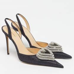 Pre Owned Mach & Mach Double Bow Size 40 Black Glitter Crystal Embellished Ankle Strap Pumps