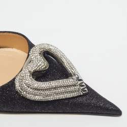 Pre Owned Mach & Mach Double Bow Size 40 Black Glitter Crystal Embellished Ankle Strap Pumps