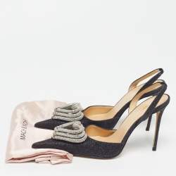 Pre Owned Mach & Mach Double Bow Size 40 Black Glitter Crystal Embellished Ankle Strap Pumps