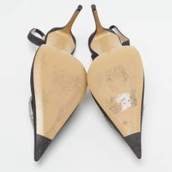 Pre Owned Mach & Mach Double Bow Size 40 Black Glitter Crystal Embellished Ankle Strap Pumps