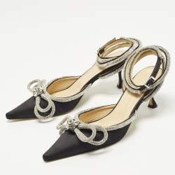 Pre Owned Mach & Mach Double Bow Size 39.5 Black Satin Crystal Embellished Ankle Strap Pumps