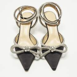 Pre Owned Mach & Mach Double Bow Size 39.5 Black Satin Crystal Embellished Ankle Strap Pumps