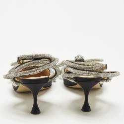 Pre Owned Mach & Mach Double Bow Size 39.5 Black Satin Crystal Embellished Ankle Strap Pumps