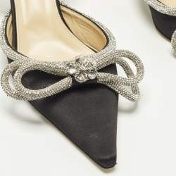 Pre Owned Mach & Mach Double Bow Size 39.5 Black Satin Crystal Embellished Ankle Strap Pumps