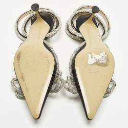 Pre Owned Mach & Mach Double Bow Size 39.5 Black Satin Crystal Embellished Ankle Strap Pumps