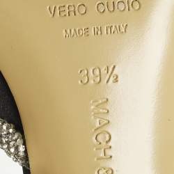 Pre Owned Mach & Mach Double Bow Size 39.5 Black Satin Crystal Embellished Ankle Strap Pumps