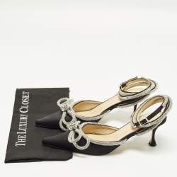 Pre Owned Mach & Mach Double Bow Size 39.5 Black Satin Crystal Embellished Ankle Strap Pumps