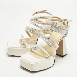 Pre Owned Mach & Mach Sydney Size 40 Cream/Silver Satin Platform Ankle Strap Sandals