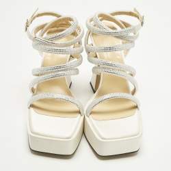 Pre Owned Mach & Mach Sydney Size 40 Cream/Silver Satin Platform Ankle Strap Sandals
