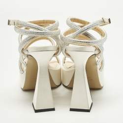 Pre Owned Mach & Mach Sydney Size 40 Cream/Silver Satin Platform Ankle Strap Sandals