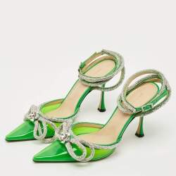 Pre Owned Mach & Mach Double Bow Size 40 Green Patent Leather and PVC Crystal Embellished Pumps