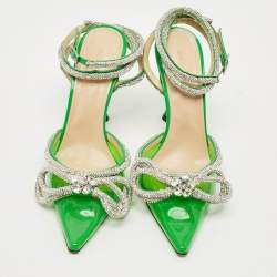 Pre Owned Mach & Mach Double Bow Size 40 Green Patent Leather and PVC Crystal Embellished Pumps
