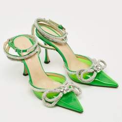 Pre Owned Mach & Mach Double Bow Size 40 Green Patent Leather and PVC Crystal Embellished Pumps