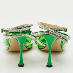 Pre Owned Mach & Mach Double Bow Size 40 Green Patent Leather and PVC Crystal Embellished Pumps