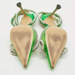 Pre Owned Mach & Mach Double Bow Size 40 Green Patent Leather and PVC Crystal Embellished Pumps