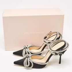 Pre Owned Mach & Mach Black Satin Embellished Double Bow Ankle Strap Pumps Size 40