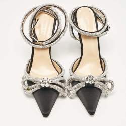 Pre Owned Mach & Mach Black Satin Embellished Double Bow Ankle Strap Pumps Size 40