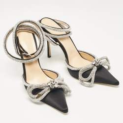 Pre Owned Mach & Mach Black Satin Embellished Double Bow Ankle Strap Pumps Size 40