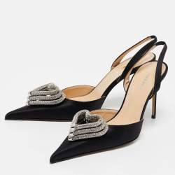 Pre Owned Mach & Mach Black Satin Triple Heart Slingback Pumps Size 41