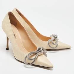 Pre Owned Mach & Mach Beige Raffia Crystal Double Bow Pumps Size 39