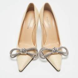 Pre Owned Mach & Mach Beige Raffia Crystal Double Bow Pumps Size 39