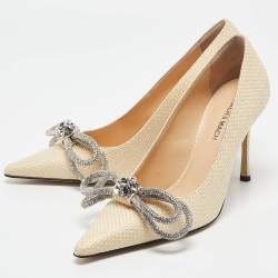 Pre Owned Mach & Mach Beige Raffia Crystal Double Bow Pumps Size 39