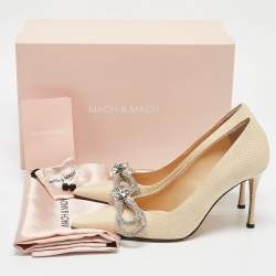 Pre Owned Mach & Mach Beige Raffia Crystal Double Bow Pumps Size 39