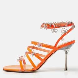 Mach & Mach Neon Orange Patent Leather Crystal Bow Camille Sandals Size 38