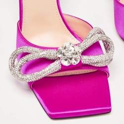 Pre Owned Mach & Mach Pink Satin Double Bow Crystal Embellished Slip Sandals Size 38