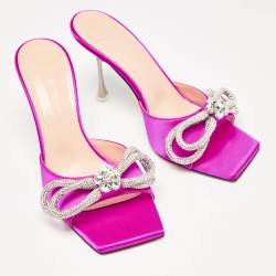 Pre Owned Mach & Mach Pink Satin Double Bow Crystal Embellished Slip Sandals Size 38