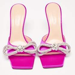 Pre Owned Mach & Mach Pink Satin Double Bow Crystal Embellished Slip Sandals Size 38
