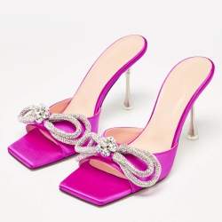 Pre Owned Mach & Mach Pink Satin Double Bow Crystal Embellished Slip Sandals Size 38