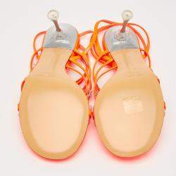 Pre Owned Mach & Mach Neon Orange Patent Leather Crystal Bow Camille Sandals Size 39