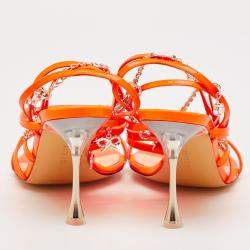 Pre Owned Mach & Mach Neon Orange Patent Leather Crystal Bow Camille Sandals Size 39