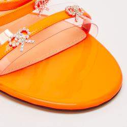 Pre Owned Mach & Mach Neon Orange Patent Leather Crystal Bow Camille Sandals Size 39