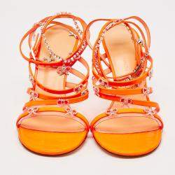Pre Owned Mach & Mach Neon Orange Patent Leather Crystal Bow Camille Sandals Size 39